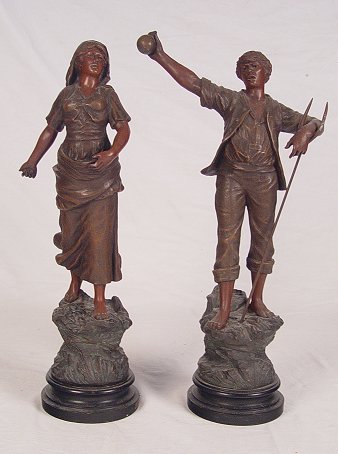 Appraisal: PAIR LARGE PATINATED SPELTER STATUES SIGNED MESTAIS Maiden and Field