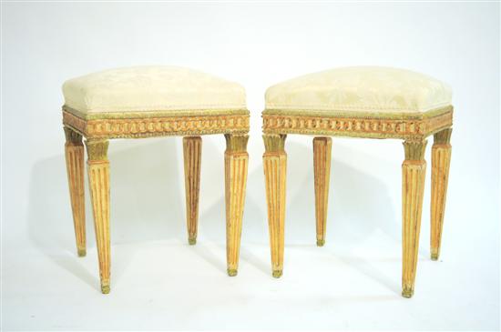 Appraisal: Pair of cream brocatelle upholstered stools with tapered legs and