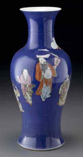 Appraisal: Chinese Qing famille rose over blue groundporcelain vase depicting eight