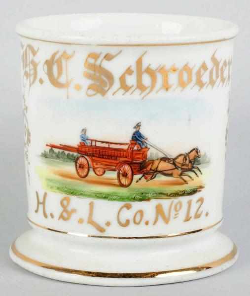 Appraisal: Horse-Drawn Fire Wagon Shaving Mug Gilt name H C Schroeder