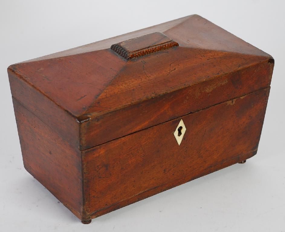 Appraisal: VICTORIAN MAHOGANY TEA CADDY of sarcophagus form with bone inlaid