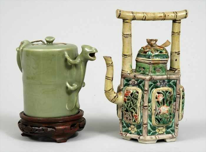 Appraisal: CHINESE FAMILLE VERTE PORCELAIN TEAPOT Together with a celadon-glazed stoneware