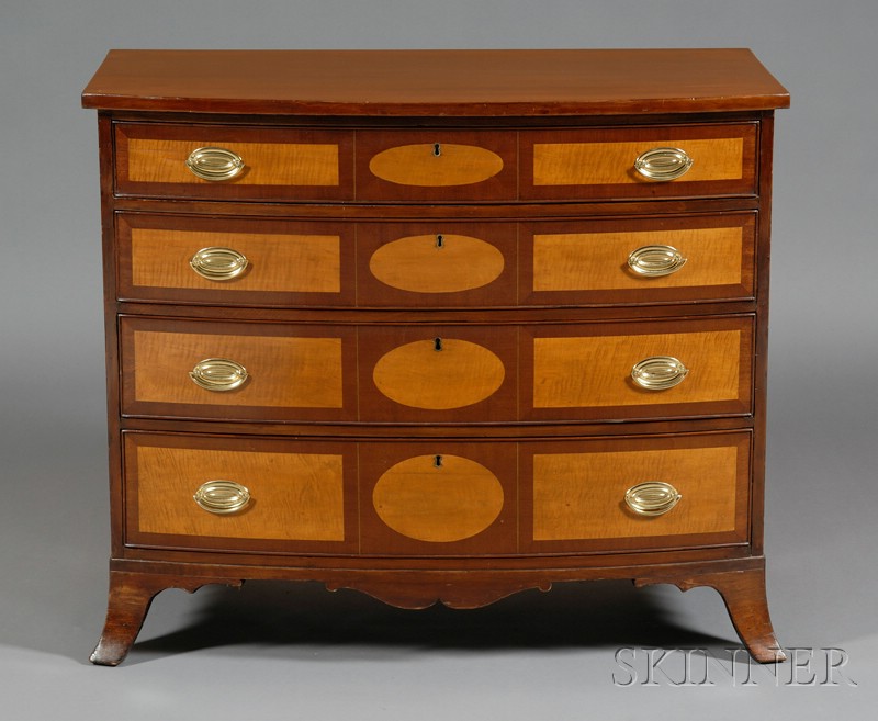 Appraisal: Cherry Inlaid Bowfront Chest of Drawers possibly Exeter New Hampshire