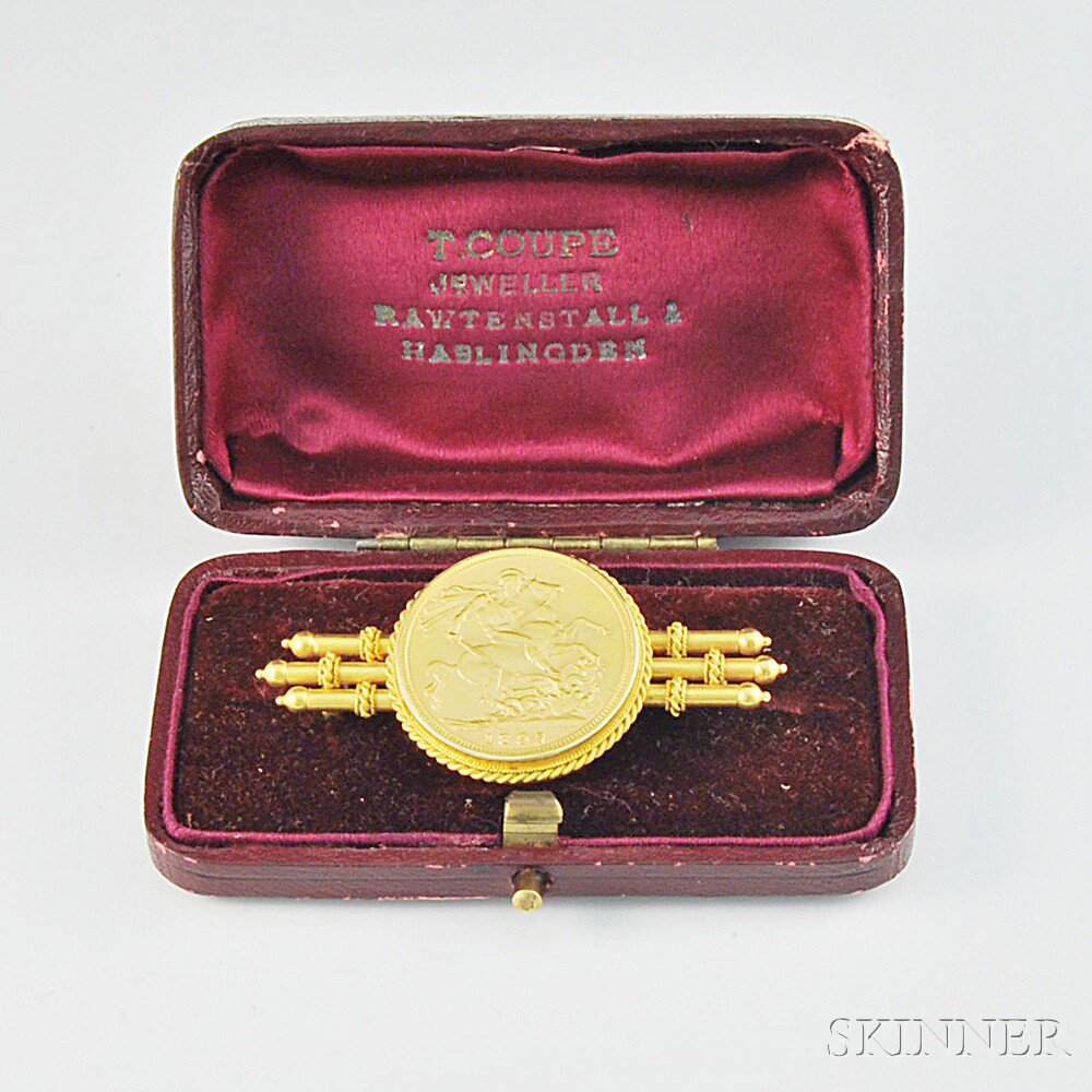 Appraisal: Gold Coin Bar Pin the kt gold brooch mounted with