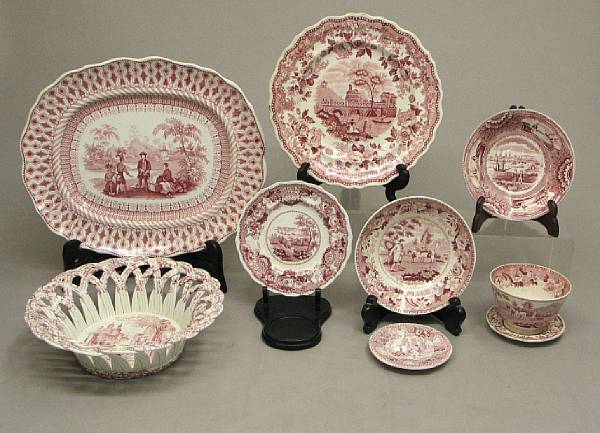 Appraisal: A grouping of historical Staffordshire pink transfer printed with American