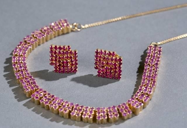 Appraisal: Ruby cluster earrings and a ruby row necklace A pair