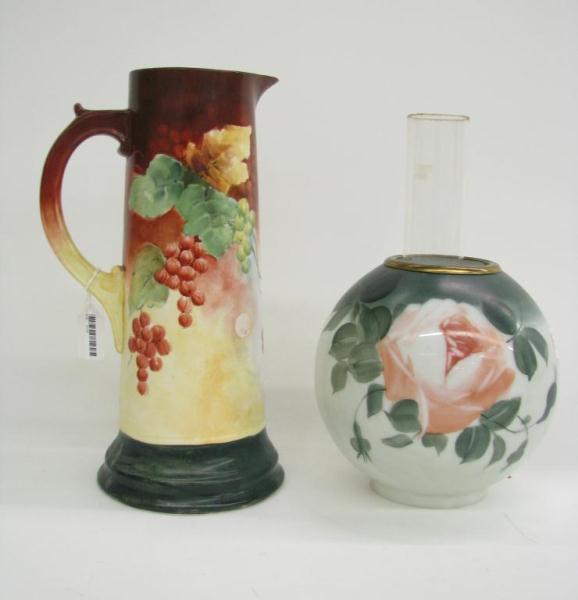 Appraisal: Two antique decorator items including hand-painted porcelain tankard with grape