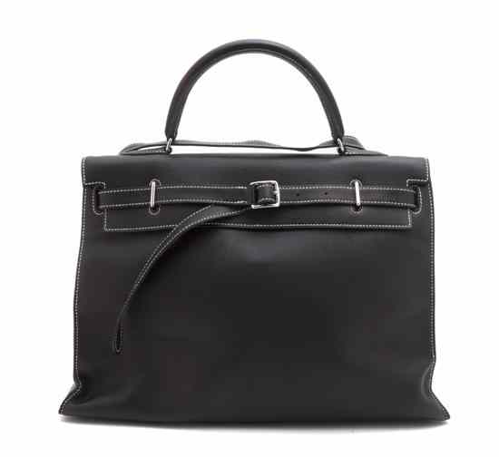 Appraisal: An Hermes Black Calf Leather Kelly Flat Bag with white