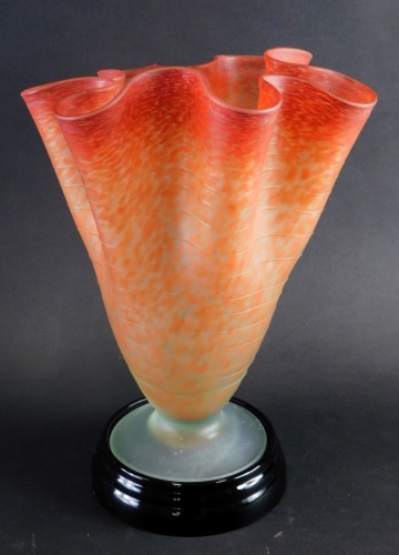 Appraisal: A thC orange and red clear speckled glass handkerchief vase