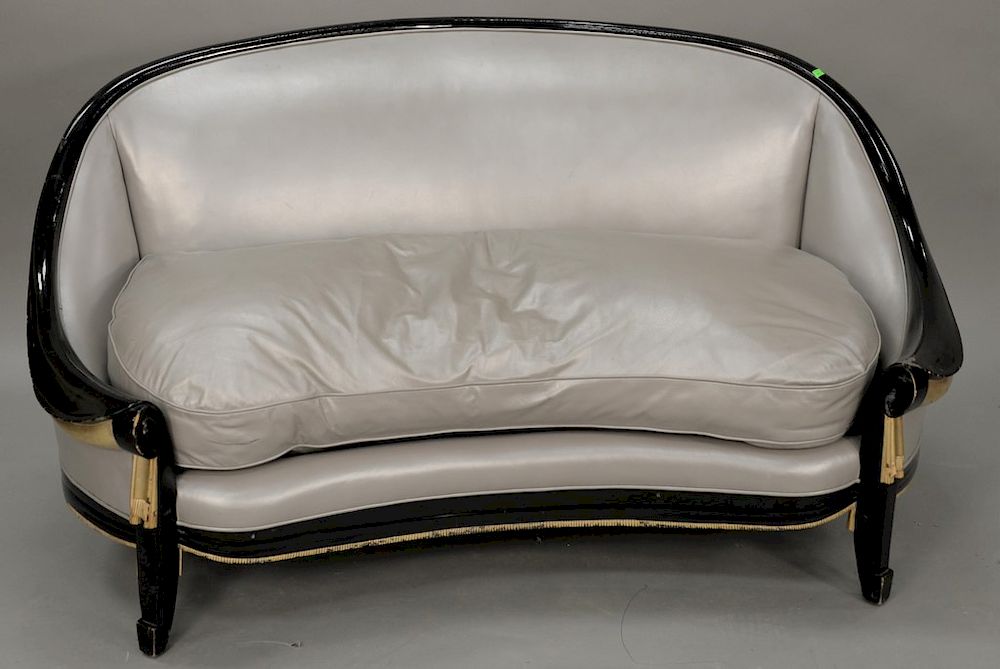 Appraisal: Custom gondola back settee sofa in grey leather thick black