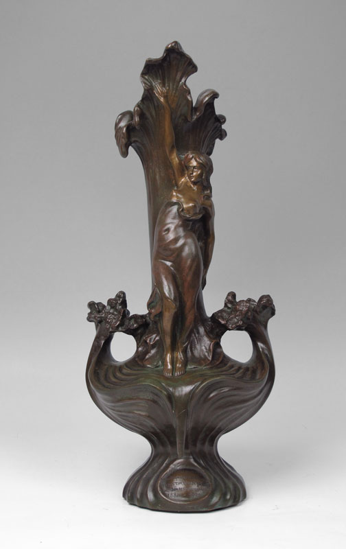 Appraisal: FRENCH ART NOUVEAU FIGURAL BRONZE VASE Figural maiden with floral