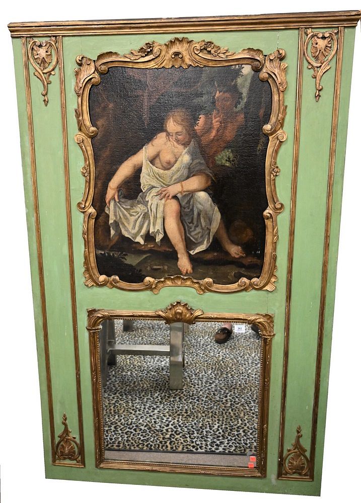 Appraisal: French Painted Trumeau Mirror having oil on canvas depicting man