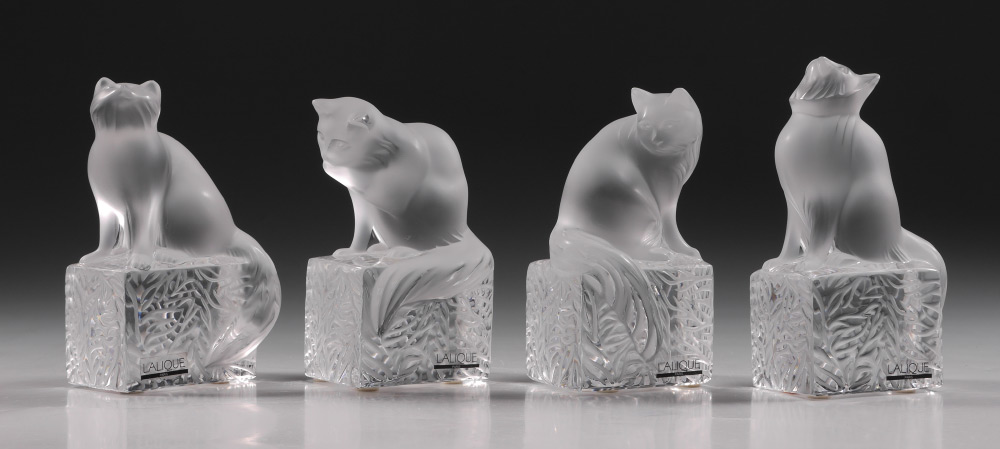 Appraisal: SERIES OF LALIQUE CRYSTAL CAT FIGURES Series of frosted cat