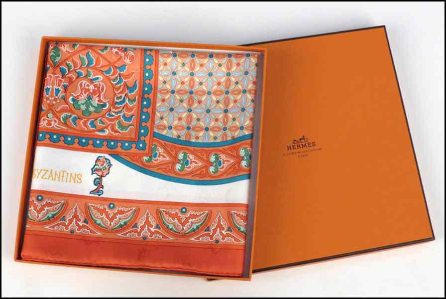 Appraisal: HERMES SILK SCARF Ciels Byzantins Julie Abadie With Hermes box