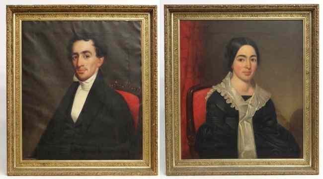 Appraisal: Pair th c New England oil on canvas ancestral portraits