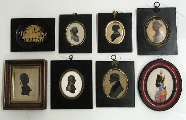 Appraisal: A group of seven painted silhouette portraits and pictures late