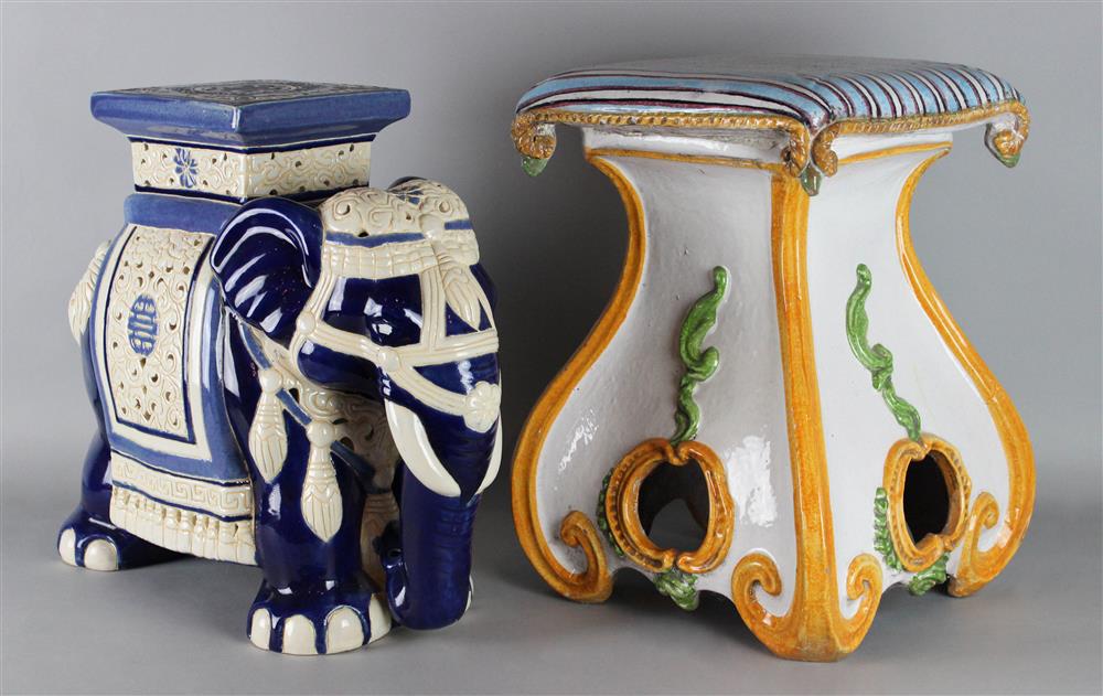 Appraisal: TWO GARDEN STOOLS AN ASIAN CERAMIC ELEPHANT TOGETHER WITH A