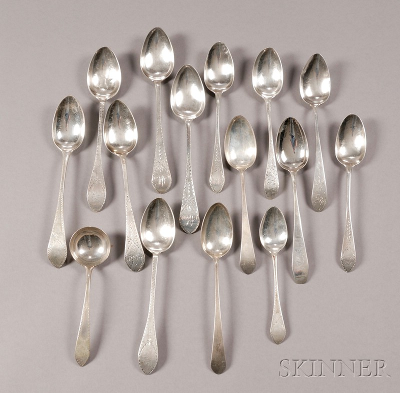 Appraisal: Fifteen Bright-Cut Silver Serving Spoons America various makers late th