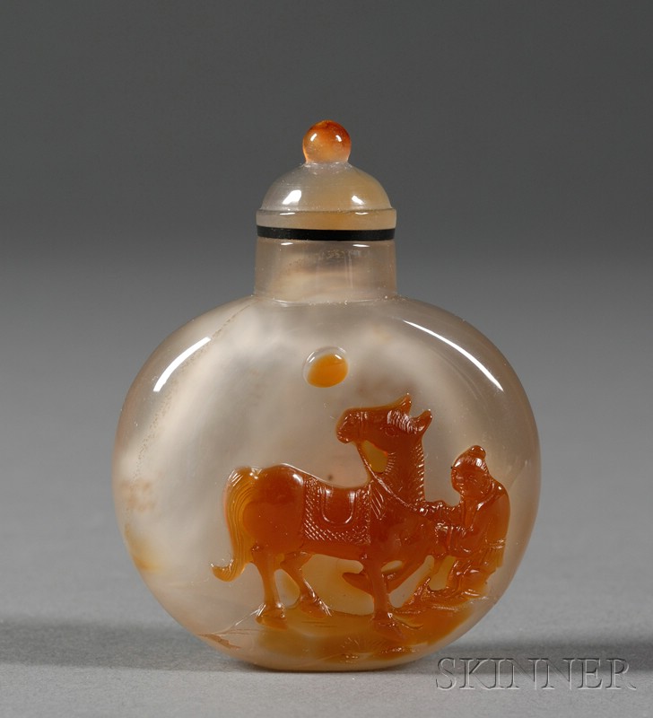 Appraisal: Snuff Bottle rounded flattened form shadow agate carved with a