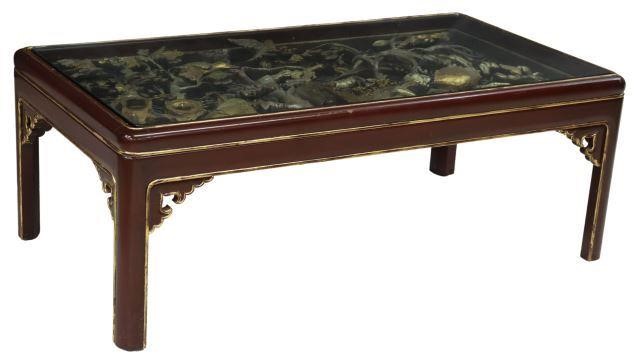 Appraisal: Chinese coffee table inset glass top carved and pierced panel