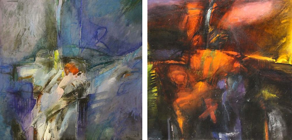 Appraisal: ILLEGIBLY Signed Pair of Abstract Paintings To Include Homage El