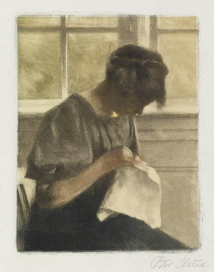 Appraisal: PETER ILSTED A Girl Sewing Color mezzotint x mm x