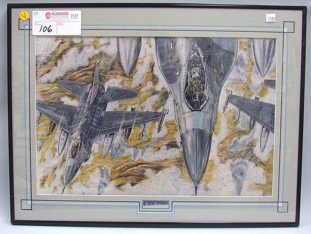 Appraisal: Jim Beal print of USAF F- Flying Falcons Fighters seen