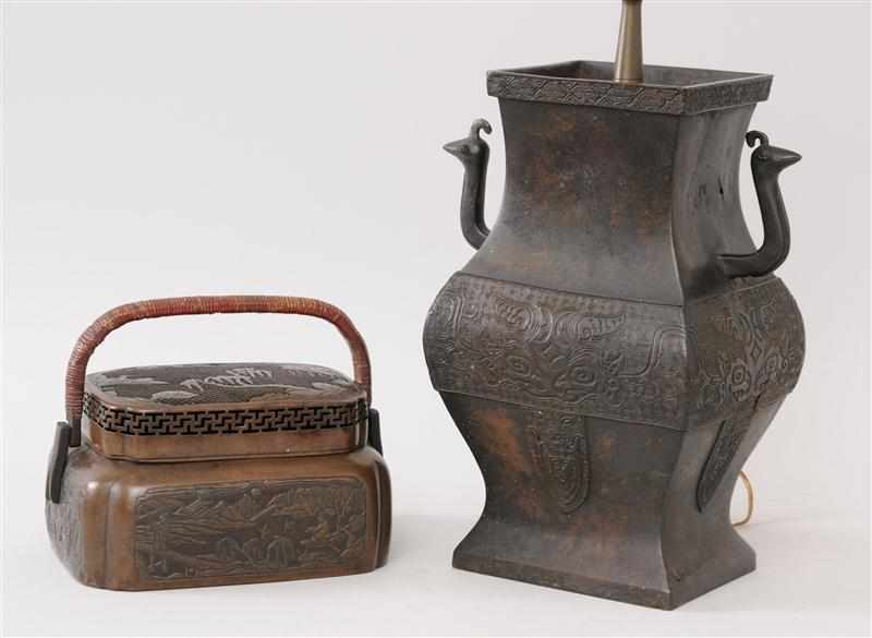 Appraisal: CHINESE ARCHAISTIC BRONZE ANGULAR BALUSTER-FORM VASE MOUNTED AS A LAMP