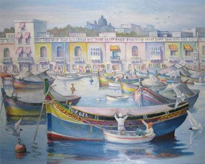 Appraisal: Ken Leech th Century Maltese fishing harbour Signed dated '