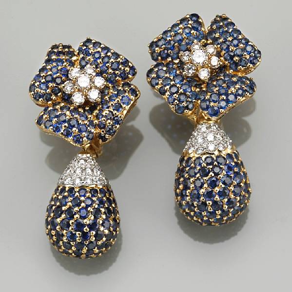 Appraisal: A pair of sapphire diamond and k gold day-night earrings