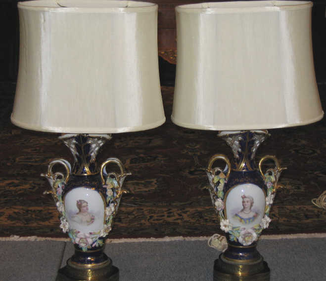 Appraisal: PAIR OF OLD PARIS PORCELAIN PORTRAIT VASES Baluster cobalt blue