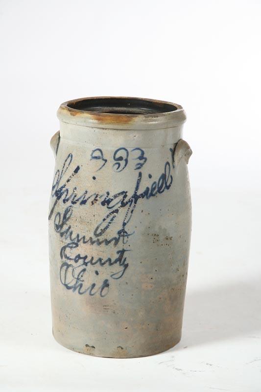 Appraisal: STONEWARE CHURN Marked Springfield Summit County Ohio in cobalt script