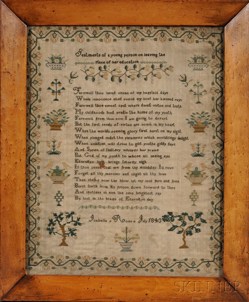 Appraisal: Needlework Sampler Isabella Ross July England stitched with silk threads