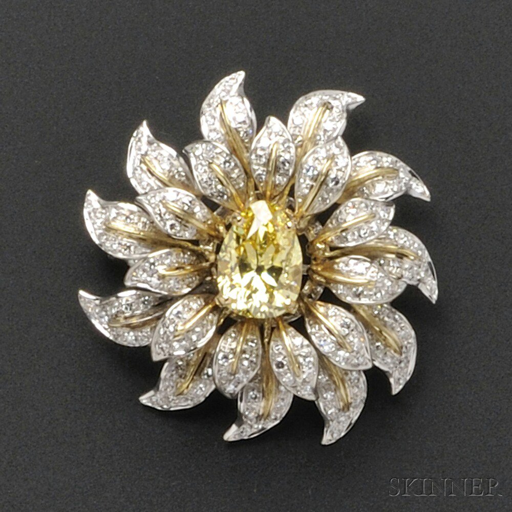 Appraisal: Fancy Vivid Yellow Diamond and Diamond Brooch centering a pear-shape