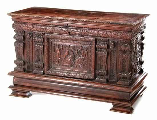 Appraisal: Continental carved oak coffer late th century hinged rectangular top