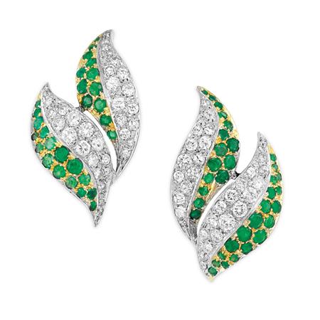 Appraisal: Pair of Two-Color Gold Diamond and Emerald Leaf Earclips Estimate