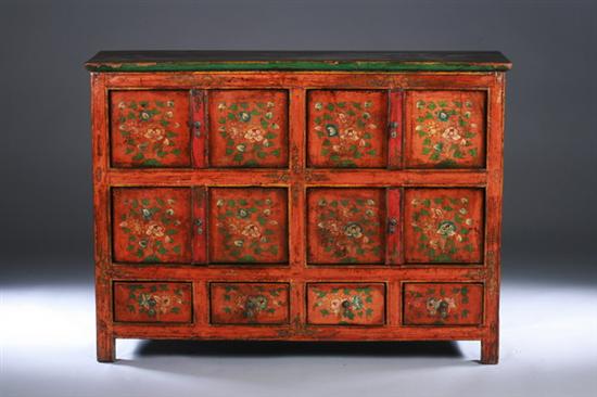 Appraisal: TIBETAN POLYCHROME PINE CABINET mid Qing Dynasty circa Rectangular outline