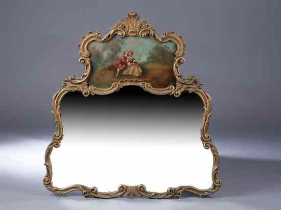 Appraisal: REGENCY STYLE GILT-WOOD TRUMEAU MIRROR Shaped crest encompassing painted scene