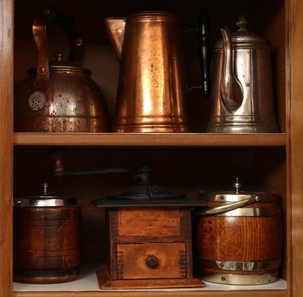 Appraisal: ANTIQUE COFFEE GRINDER POTS BISCUIT BARRELSEnglish oak biscuit barrels antique