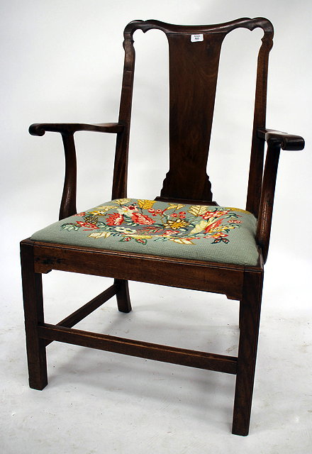 Appraisal: A GEORGE III MAHOGANY OPEN ARMCHAIR with solid splat back