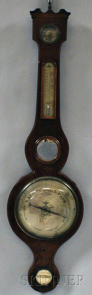 Appraisal: Mahogany Wheel Barometer c string-inlaid case with swan's neck pediment