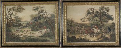 Appraisal: English School th C Three Hunt Scenes Hand-colored prints framed