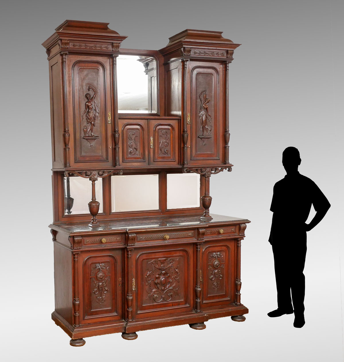 Appraisal: MASSIVE BELGIAN WALNUT STEP BACK CUPBOARD Impressive Carved Belgian Walnut