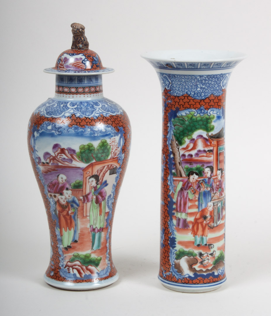 Appraisal: Two contemporary mandarin palette vases Chinese Export porcelain garniture vases