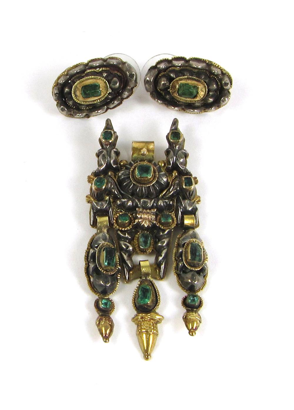 Appraisal: EMERALD SILVER AND YELLOW GOLD PENDANT AND EARRINGS SET including