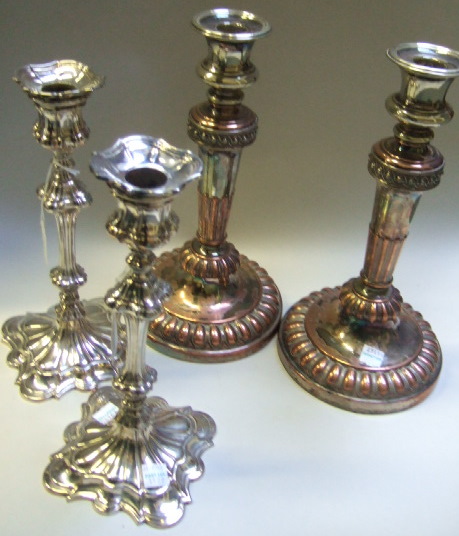 Appraisal: Plated wares comprising a pair of candlesticks on shaped square