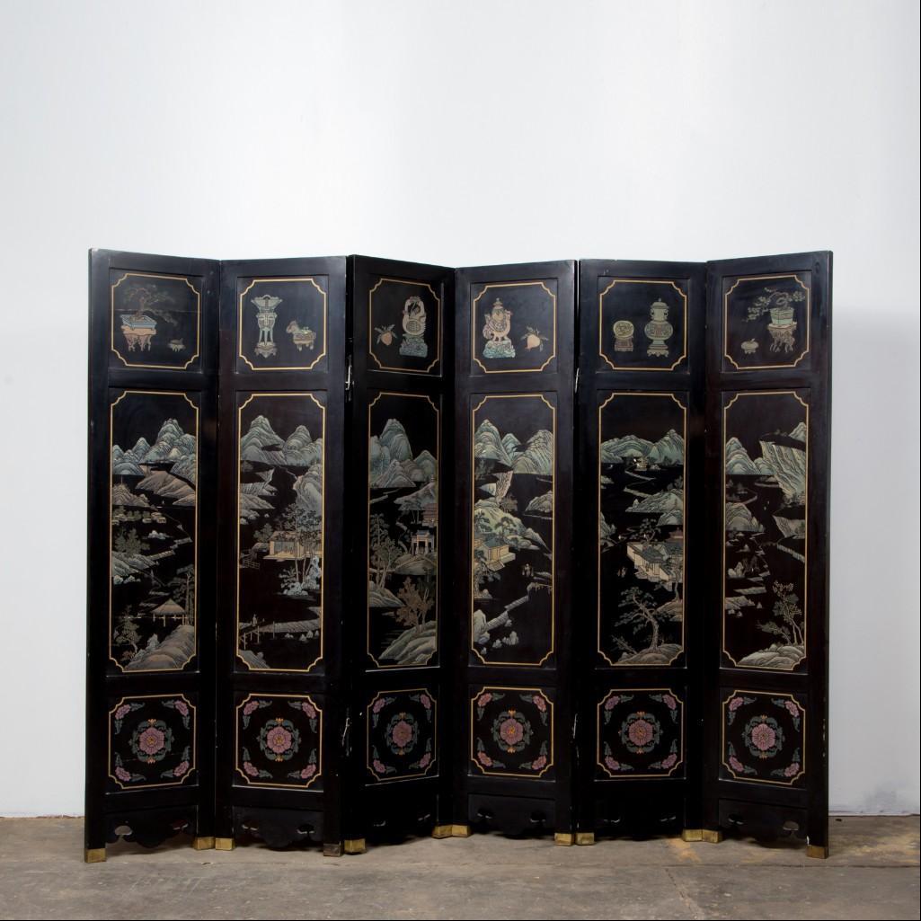 Appraisal: A SIX PANEL SCHOLARS COROMANDEL STYLE ASIAN SCREEN A vintage