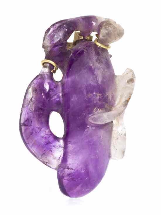 Appraisal: An Antique Yellow Gold and Carved Amethyst Toggle Brooch containing