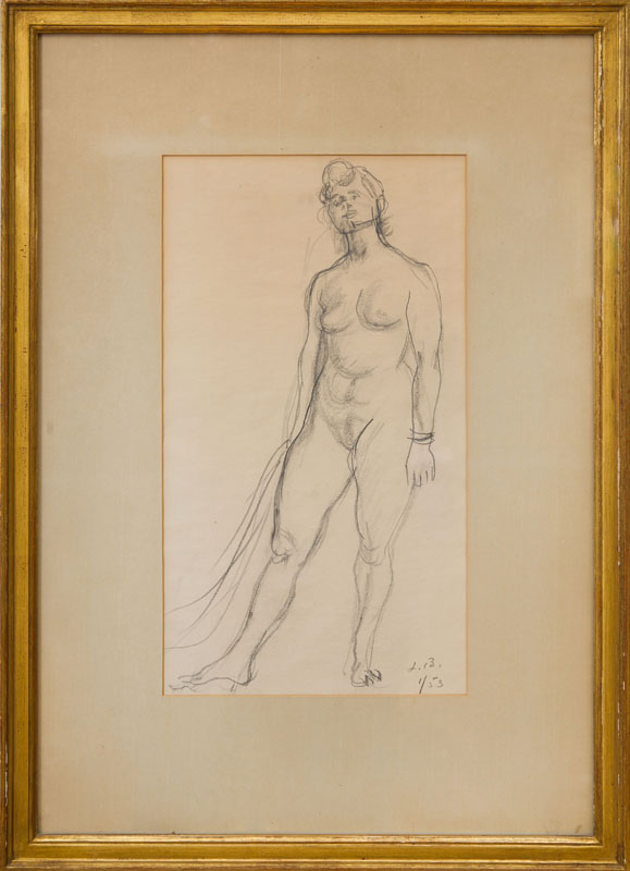 Appraisal: LOUIS BOUCHE - NUDE HOLDING DRAPERY Pencil on paper signed