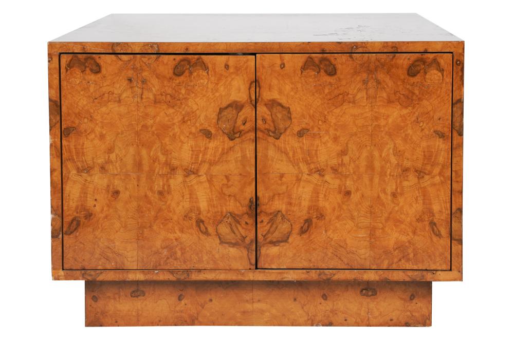 Appraisal: ATTRIBUTED TO MILO BAUGHMAN BURL-VENEER SIDE CABINETunsigned having a pair